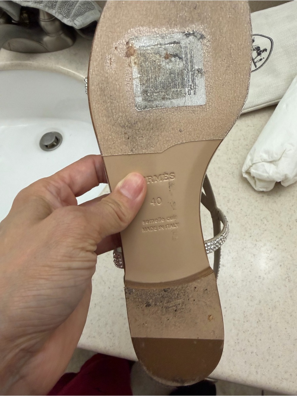 Hermes Crystal-Embellished Beige T-Strap Sandal - Picture 11 of 12